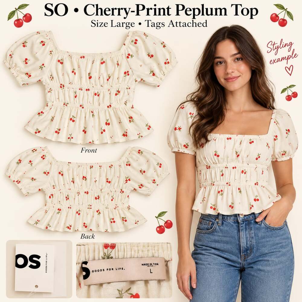 NWT SO Cherry Print Peplum Top Large Ivory Puff Sleeve Shirred Blouse